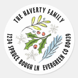 Geschetste illustratie blauwe spar kerstvakantie ronde sticker