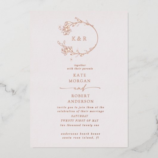 Geschetste Modern Floral Wedding Folie Uitnodiging (Voorkant)