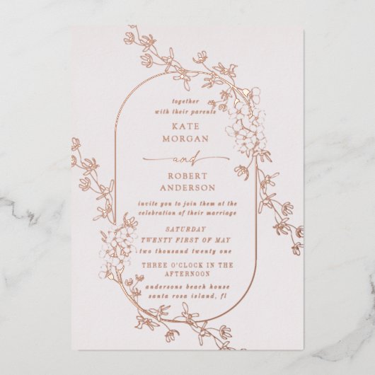 Geschetste Modern Floral Wedding Folie Uitnodiging (Voorkant)