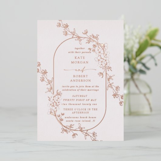 Geschetste Modern Floral Wedding Folie Uitnodiging (Staand Voorkant)