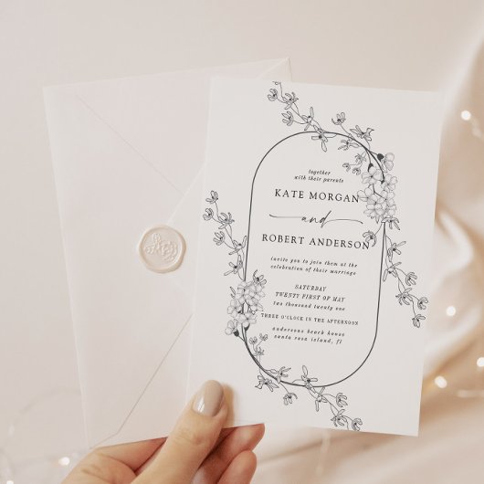 Geschetste Moderne Bloemen Bruiloft Uitnodiging