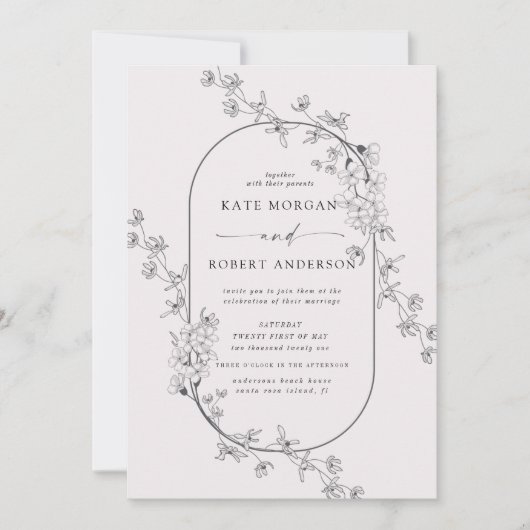 Geschetste Moderne Bloemen Bruiloft Uitnodiging (Voorkant)