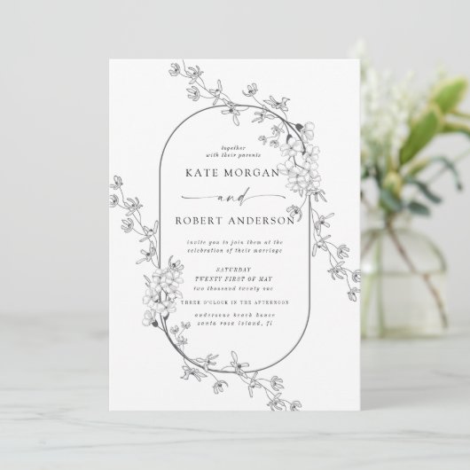 Geschetste Moderne Bloemen Bruiloft Uitnodiging (Staand voorkant)