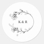 Geschetste Moderne Bloemen Monogram Bruiloft Ronde Sticker (Voorkant)