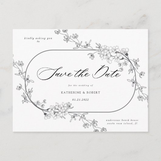 Geschetste moderne bloemige Save The Date-ansichtk Briefkaart (Voorkant)