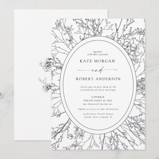 geschetste moderne bloemige trouwkaart (Voorkant / Achterkant)