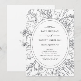 geschetste moderne bloemige trouwkaart