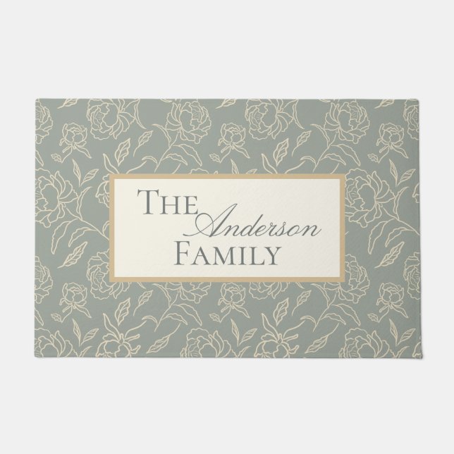 Geschetste Pioenen Groene Botanische Bloem Deurmat (Voorkant)