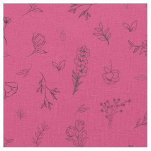 Geschetste wilde bloemen op roze rood stof
