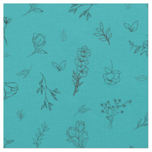 Geschetste wilde bloemen op turquoise stof