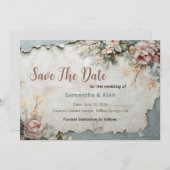 Gescheurd behang met bloemen Save the Date ontwerp Kaart (Voorkant / Achterkant)