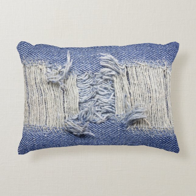 Gescheurd blauw denim: jeans textuur. accent kussen (Voorkant)