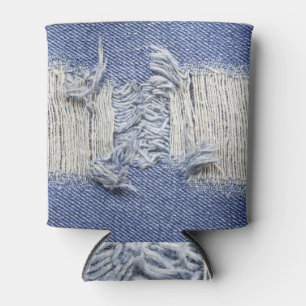 Gescheurd blauw denim: jeans textuur. blikjeskoeler