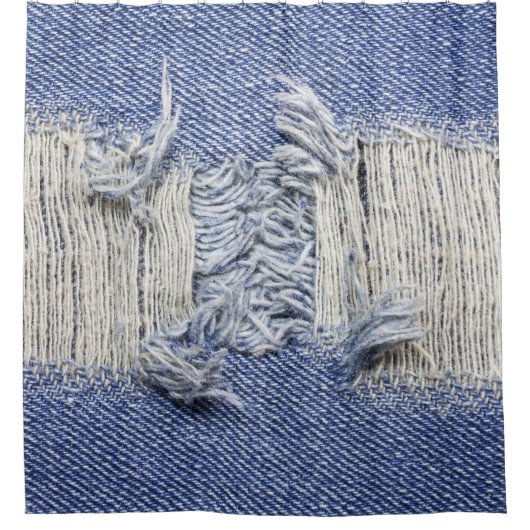 Gescheurd blauw denim: jeans textuur. douchegordijn (Voorkant)
