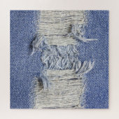 Gescheurd blauw denim: jeans textuur. legpuzzel (Horizontaal)