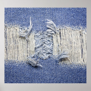 Gescheurd blauw denim: jeans textuur. poster