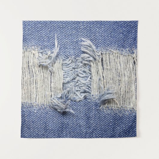Gescheurd blauw denim: jeans textuur. wandkleed (Voorkant)