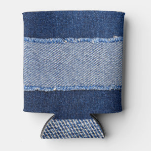 Gescheurd denim: blauwe jeans stof. blikjeskoeler