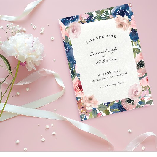 Gescheurd papier Blush Blauwe Bloemige Trouw Save The Date