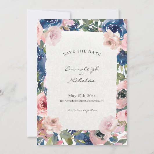 Gescheurd papier Blush Blauwe Bloemige Trouw Save The Date (Voorkant)