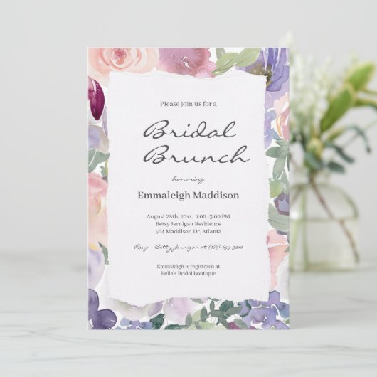 Gescheurd papier lila bloem waterverf bruidsbrunch kaart (Staand voorkant)