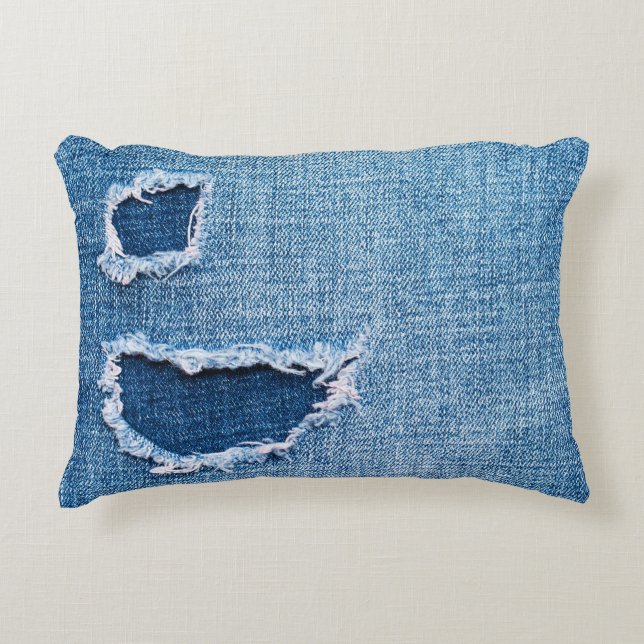 Gescheurde denim stof textuur, blauwe tinten. accent kussen (Voorkant)