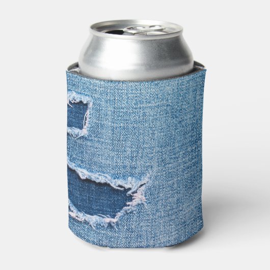 Gescheurde denim stof textuur, blauwe tinten. blikjeskoeler (Blikje Voorkant)