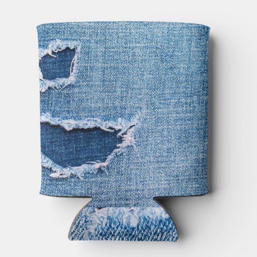 Gescheurde denim stof textuur, blauwe tinten. blikjeskoeler (Achterkant)