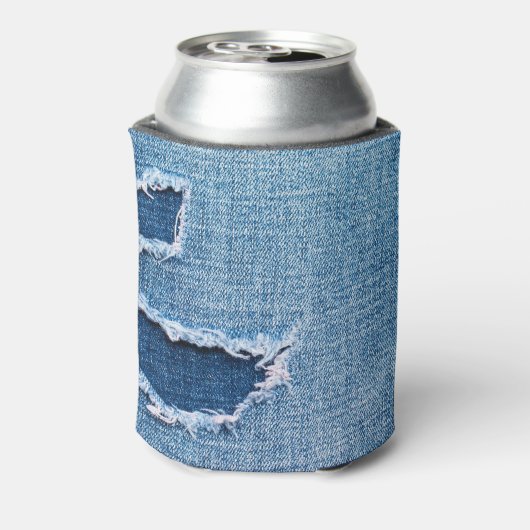 Gescheurde denim stof textuur, blauwe tinten. blikjeskoeler (Blikje Achterkant)