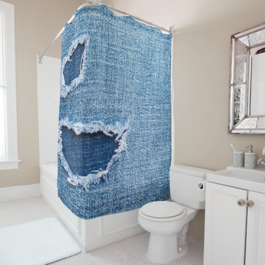 Gescheurde denim stof textuur, blauwe tinten. douchegordijn (In situ)