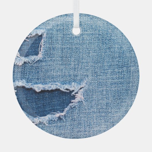 Gescheurde denim stof textuur, blauwe tinten. glas ornament (Voorkant)