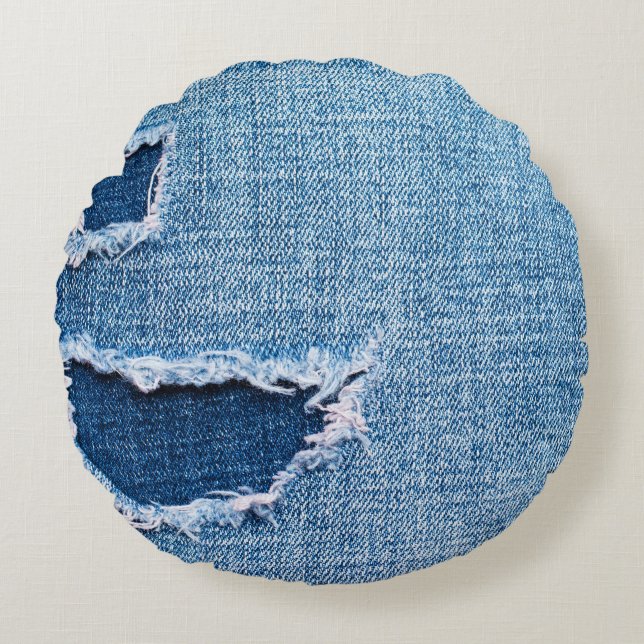 Gescheurde denim stof textuur, blauwe tinten. rond kussen (Voorkant)