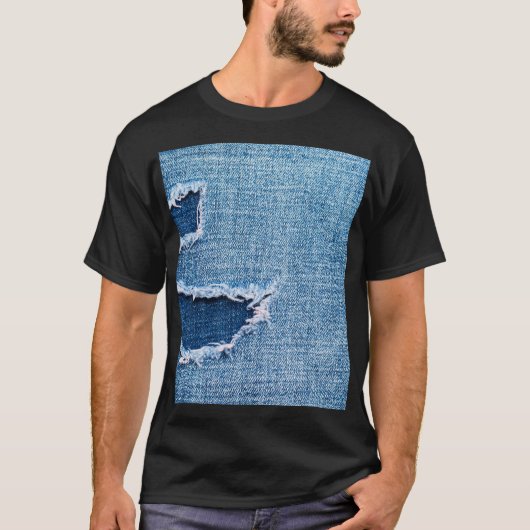 Gescheurde denim stof textuur, blauwe tinten. t-shirt (Voorkant)