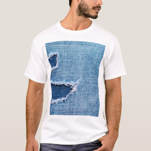 Gescheurde denim stof textuur, blauwe tinten. t-shirt