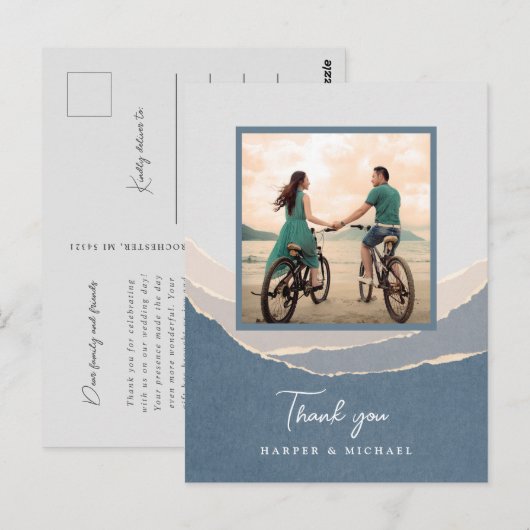 gescheurde papieren bergen trouwfoto bedankt briefkaart (Voorkant / Achterkant)