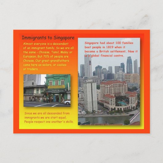 Geschiedenis, geschiedenis, immigranten naar Singa Briefkaart (Voorkant)