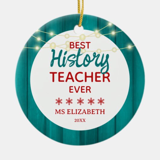 Geschiedenis Leraar Blauwgroen Wood Grain Christma Keramisch Ornament (Voorkant)