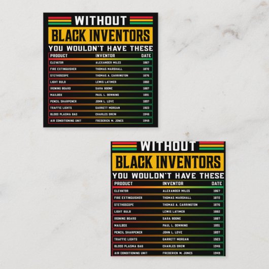 Geschiedenis van vergeten zwarte uitvinders vierkante visitekaartje (Voorkant / Achterkant)