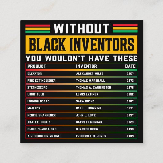 Geschiedenis van vergeten zwarte uitvinders vierkante visitekaartje (Voorkant)