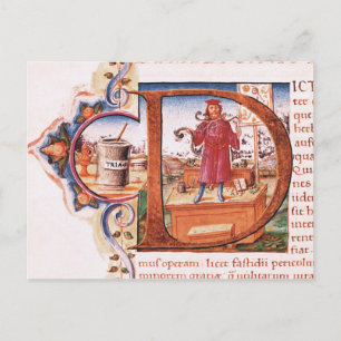 Geschiedeniseerd initiaal "D" waarin een apotheker Briefkaart