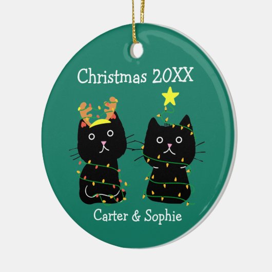 Geschil met twee kat kerstlampjes Aangepaste namen Keramisch Ornament (Links)