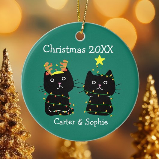 Geschil met twee kat kerstlampjes Aangepaste namen Keramisch Ornament