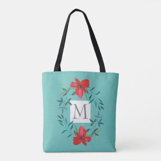 geschilde bloem op blauw monogram tote bag (Achterkant)