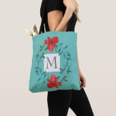 geschilde bloem op blauw monogram tote bag (Dichtbij)