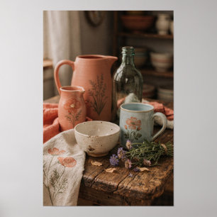Geschilderd aardewerk en weidebloemen poster