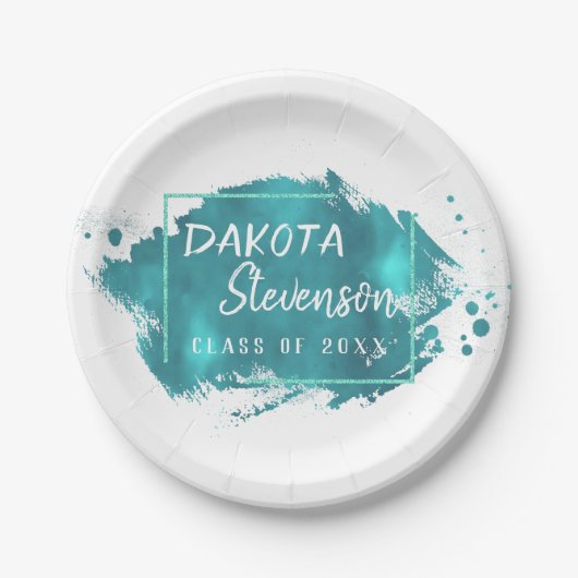 Geschilderd Afstudeerder | Blauwgroen Splatter Bru Papieren Bordje (Voorkant)