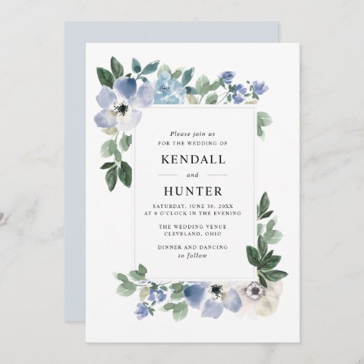 Geschilderd blauw en groen bloemenbruiloft kaart (Voorkant / Achterkant)