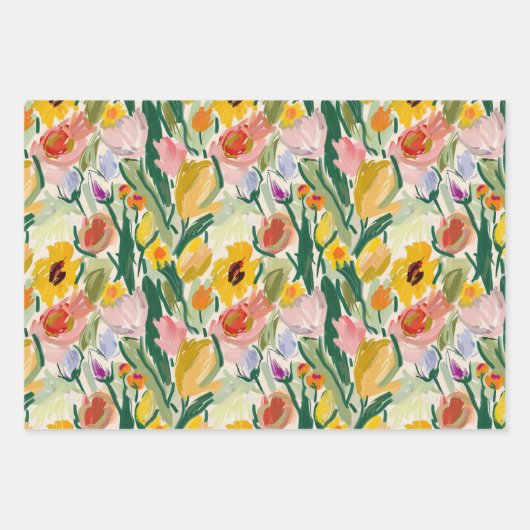 Geschilderd Bloemen Tulp & Zonnebloem Wrapping Pap Inpakpapier Vel (Voorkant 2)