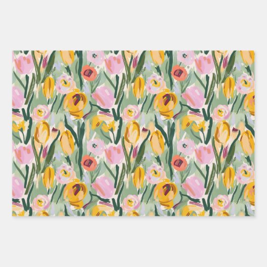 Geschilderd Bloemen Tulp & Zonnebloem Wrapping Pap Inpakpapier Vel (Voorkant)