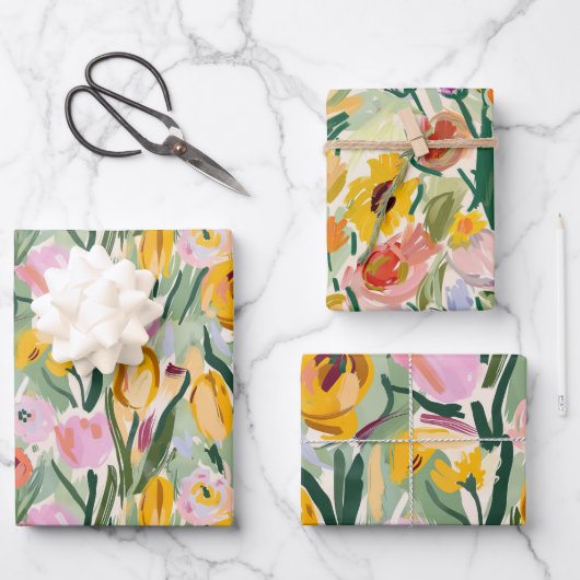 Geschilderd Bloemen Tulp & Zonnebloem Wrapping Pap Inpakpapier Vel (Voorkant)